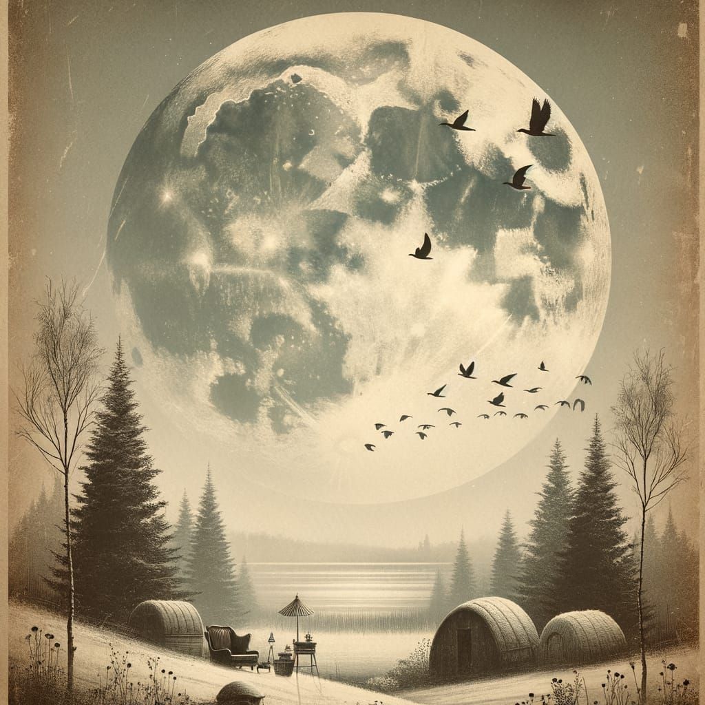 Birds Flying to the Moon: A Vintage Image