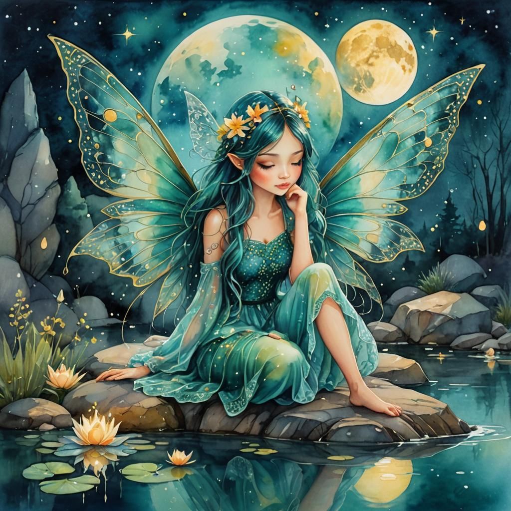 Beautiful Fairy in Watercolor Illustration by Sparkling Pond