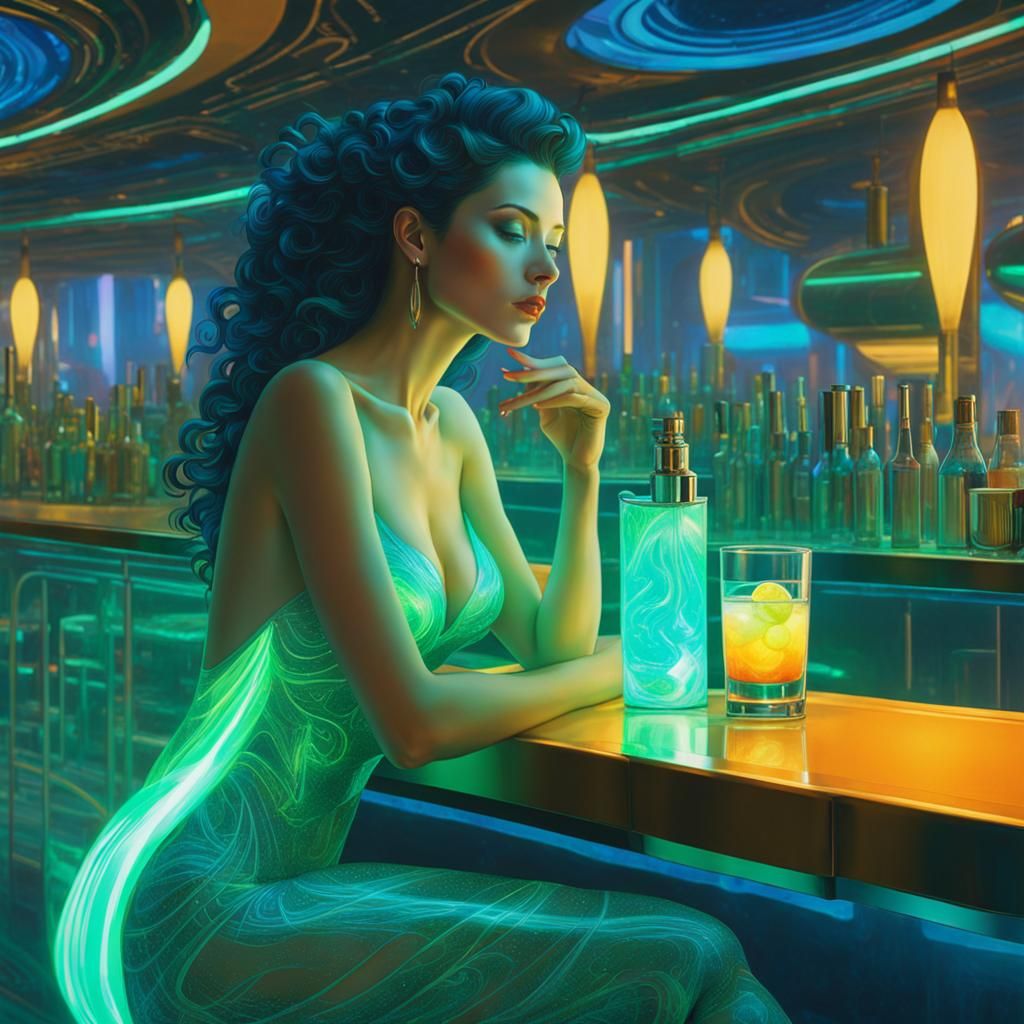 Futuristic Klimt Woman Sipping Cocktail in Space Station