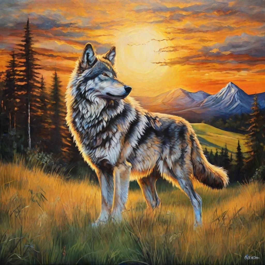 Mythical Wolf Howling at Sunset: Oil Painting