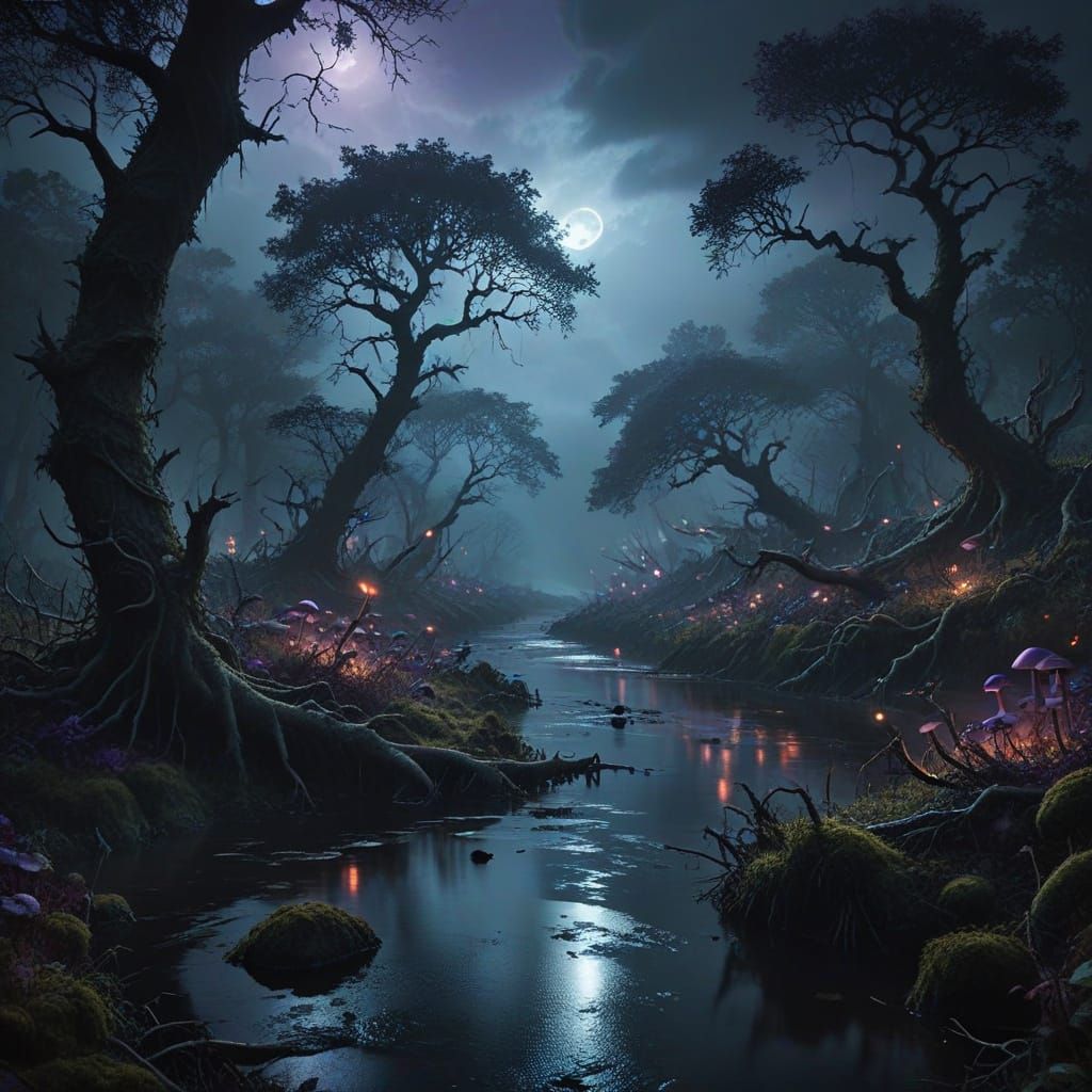 Dark Fantasy River Landscape in Moody, Vibrant Colors