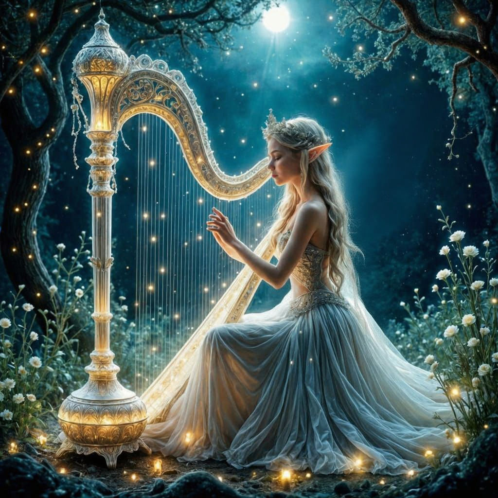 Elven Harpist Plays Crystal Harp in Moonlit Forest