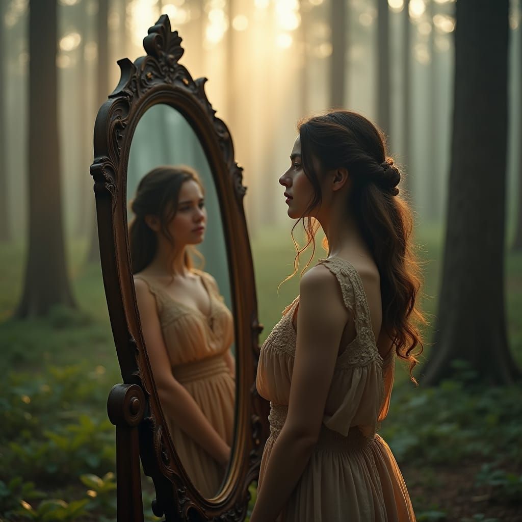 Woman Contemplates Reflection in Misty Forest, Cinematic Sty...