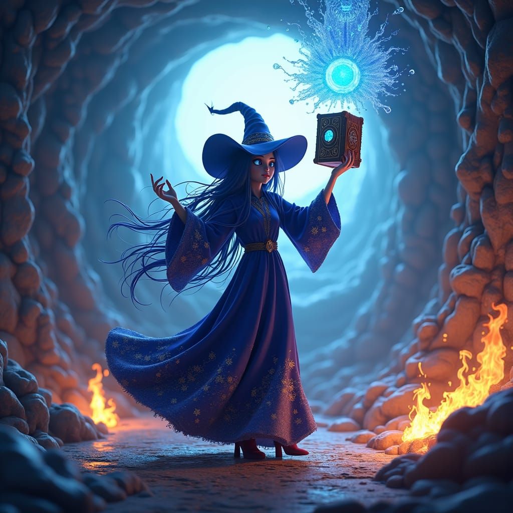 Ecstatic Witch Casting Spell in CGI Cartoon Style