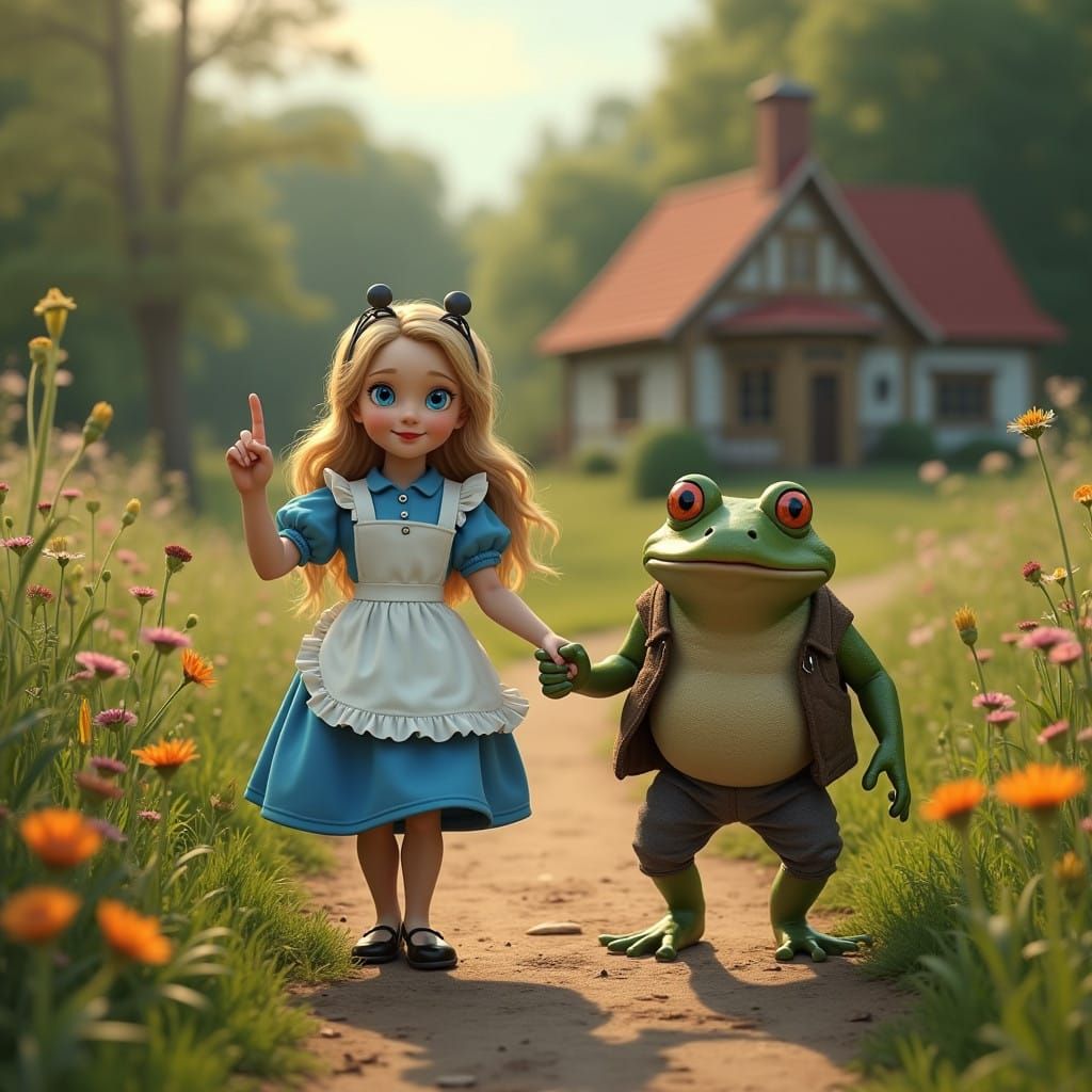 Alice and Frog Stroll Through Whimsical Countryside