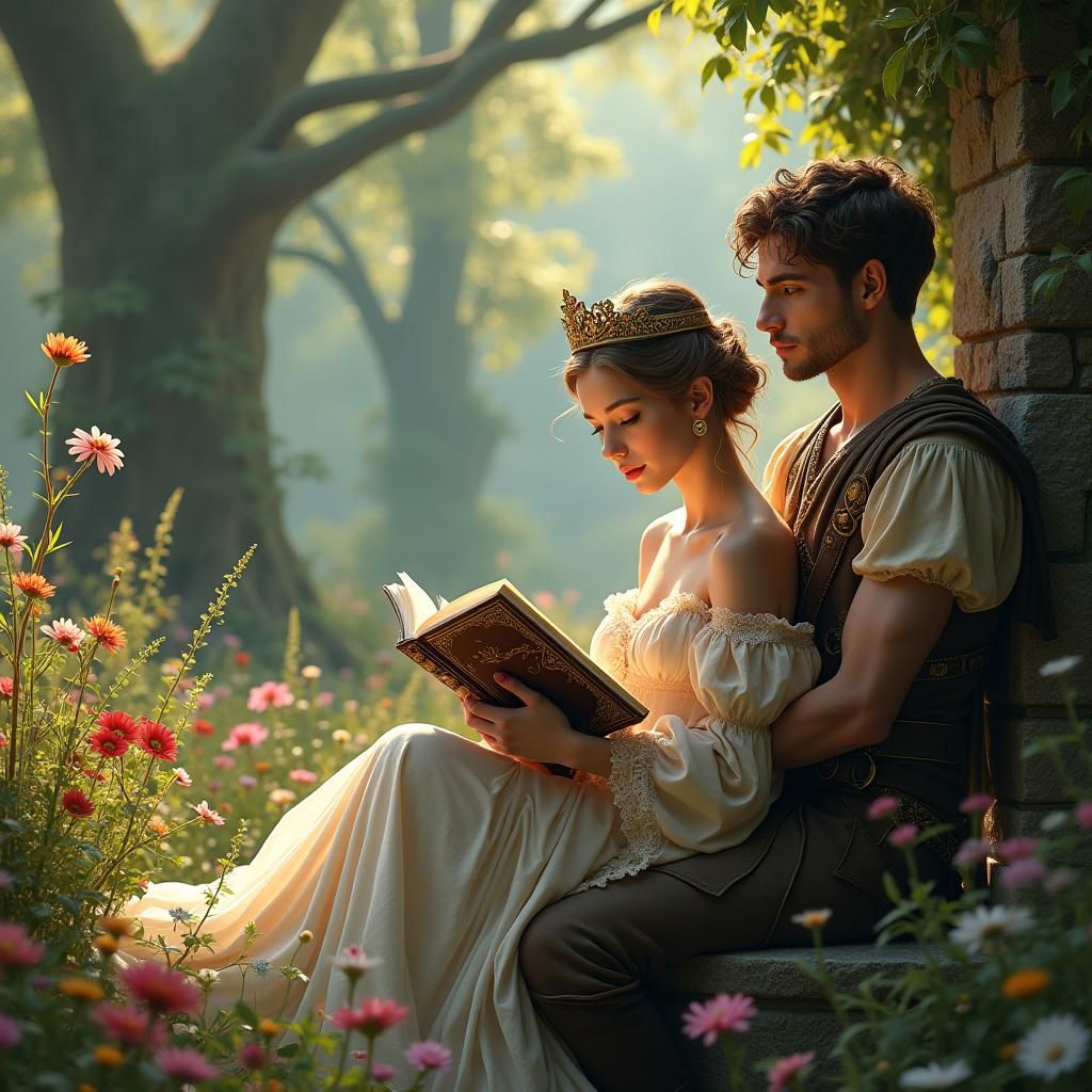 Enchanted Princess Reading in a Lush Garden