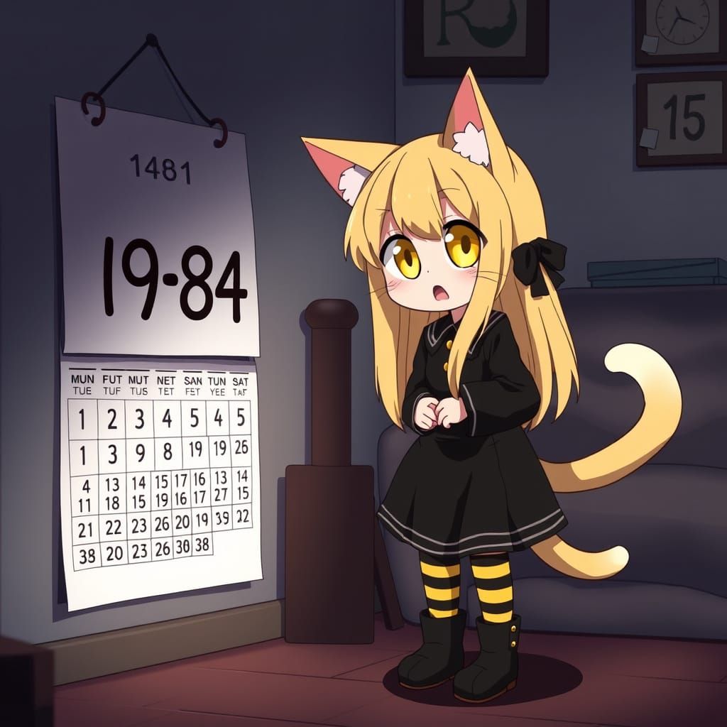 Cute Anime Catgirl Stares at Calendar in Moody Living Room