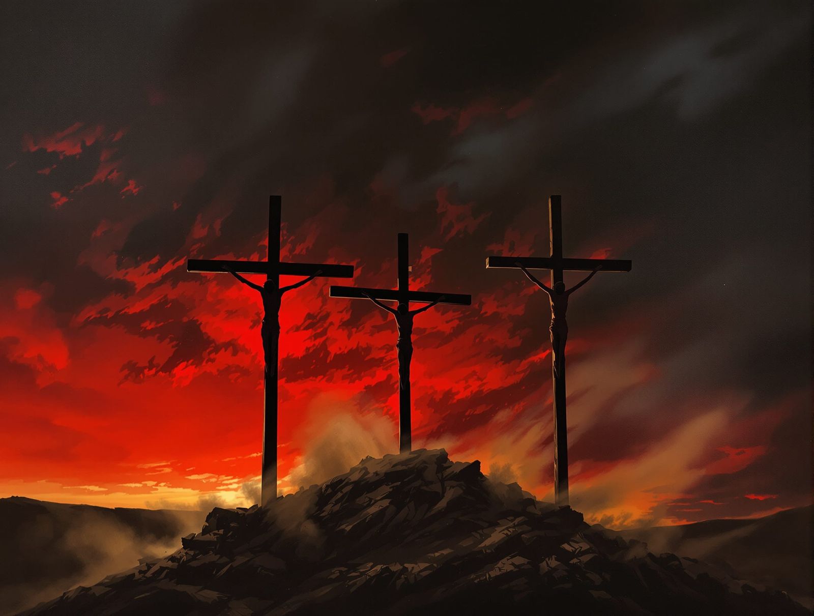 Golgotha at Dusk: Three Crosses Under a Turbulent Sky
