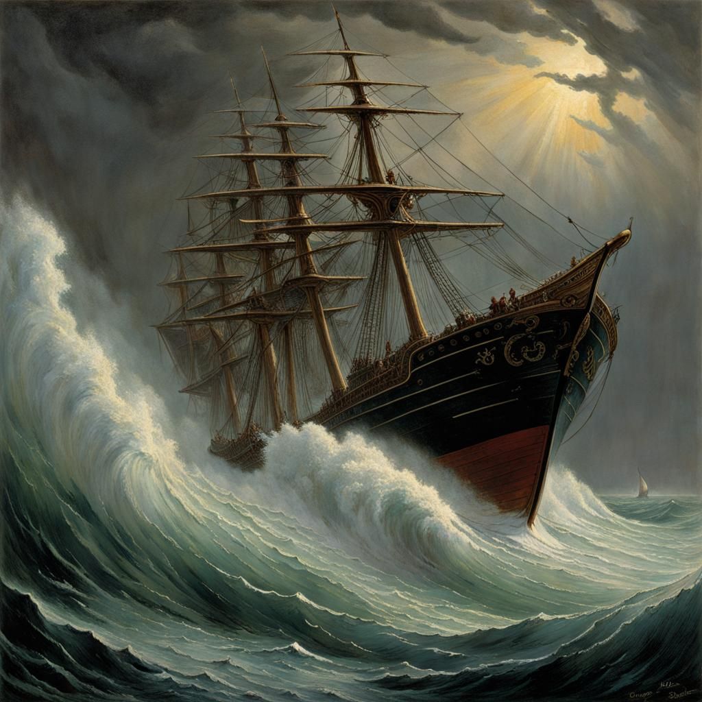 Ship Facing Giant Wave in Gothic Horror Style