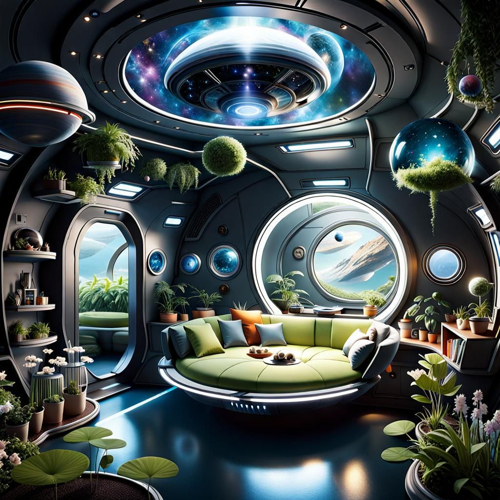 Sci-Fi Family Life Aboard Spaceship with Floating Garden