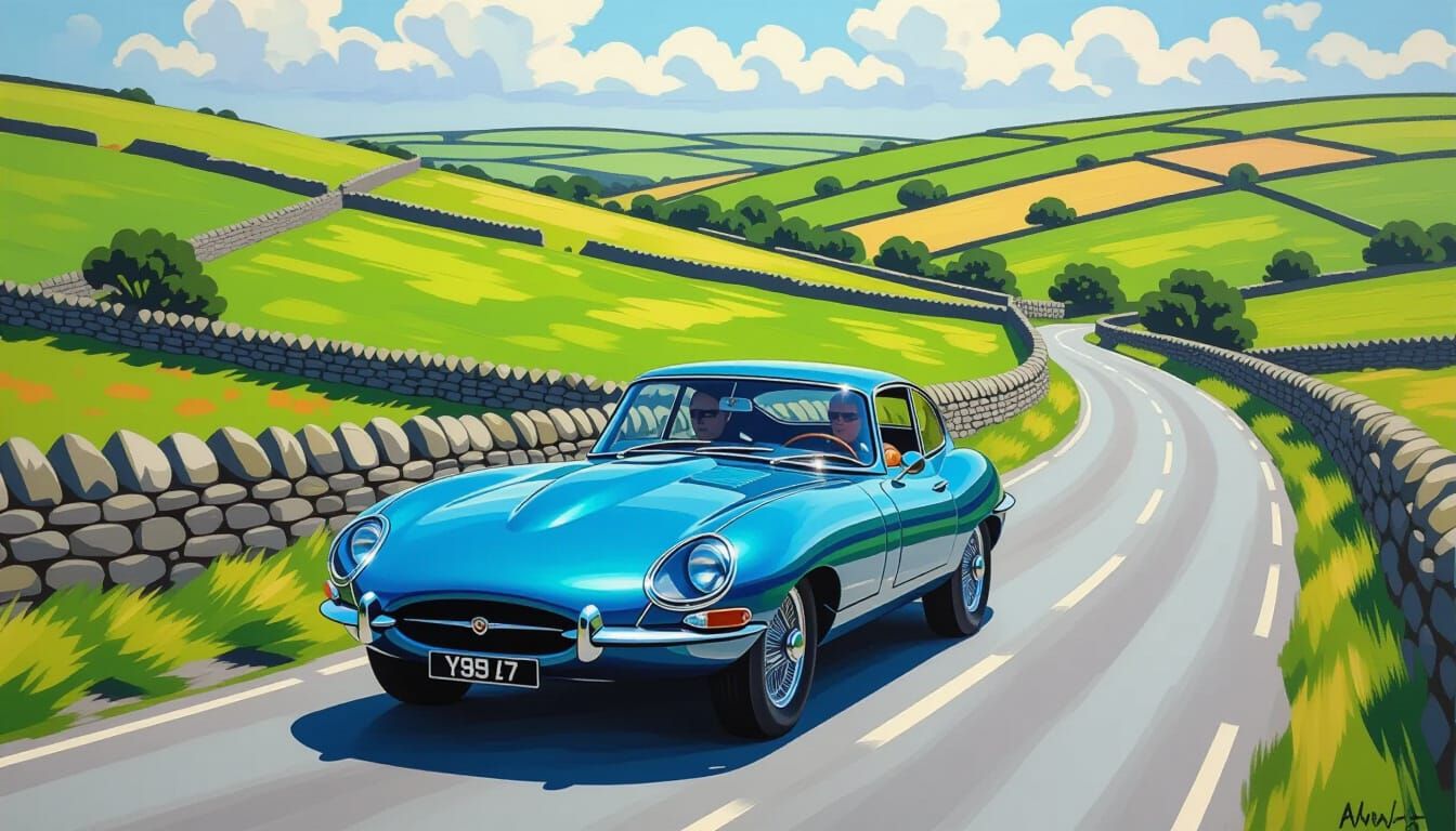 Jaguar XKE Races Through Northern England: Impasto