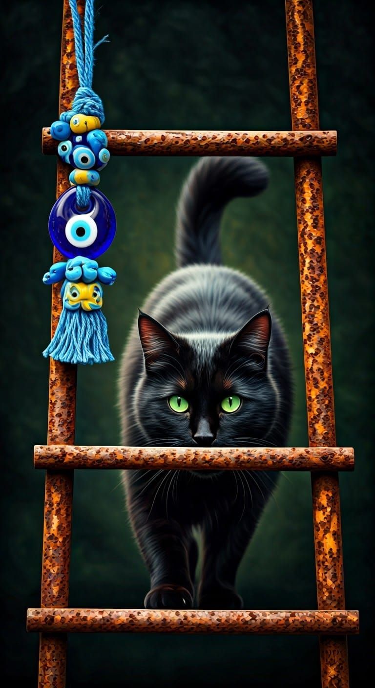 Black Cat Under Ladder with Nazar Amulet