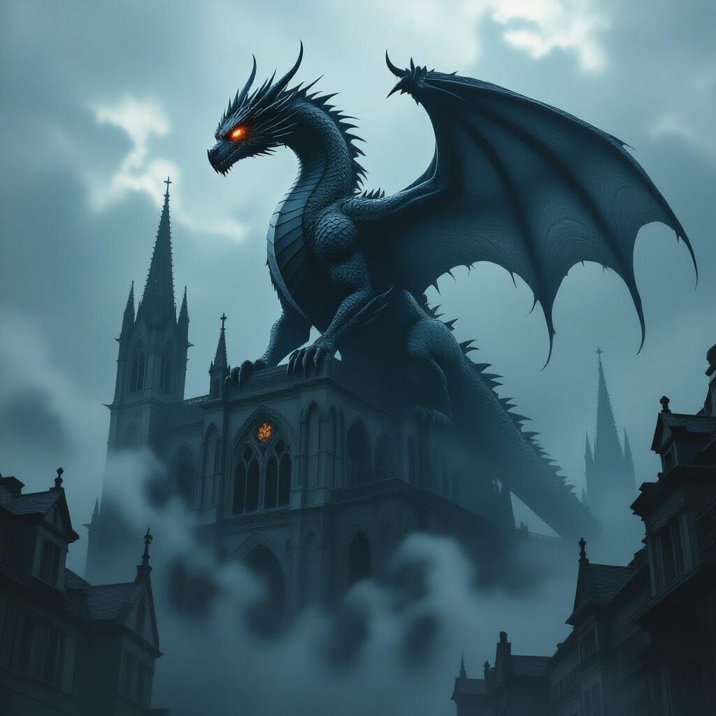 Ancient Dragon on Gothic Cathedral in Surrealist Style