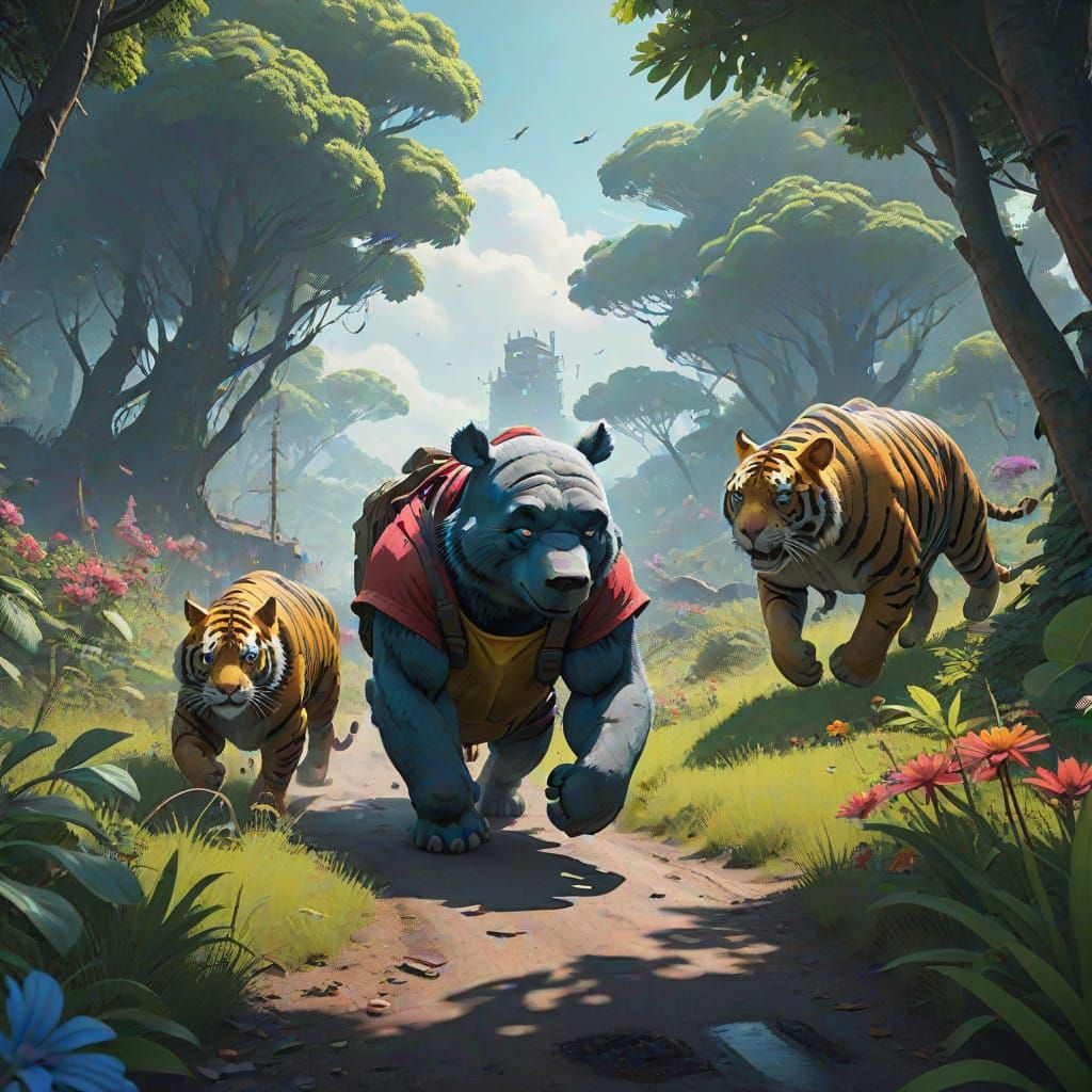 Fantastical Jungle Chase in Vibrant, Detailed Art