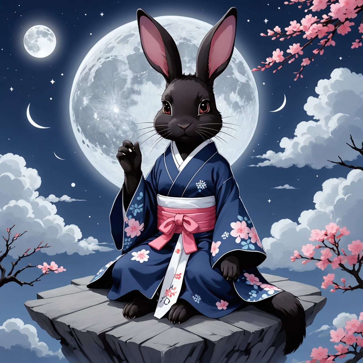 Cute Rabbit Woman Gazing at Moon in Anime Style