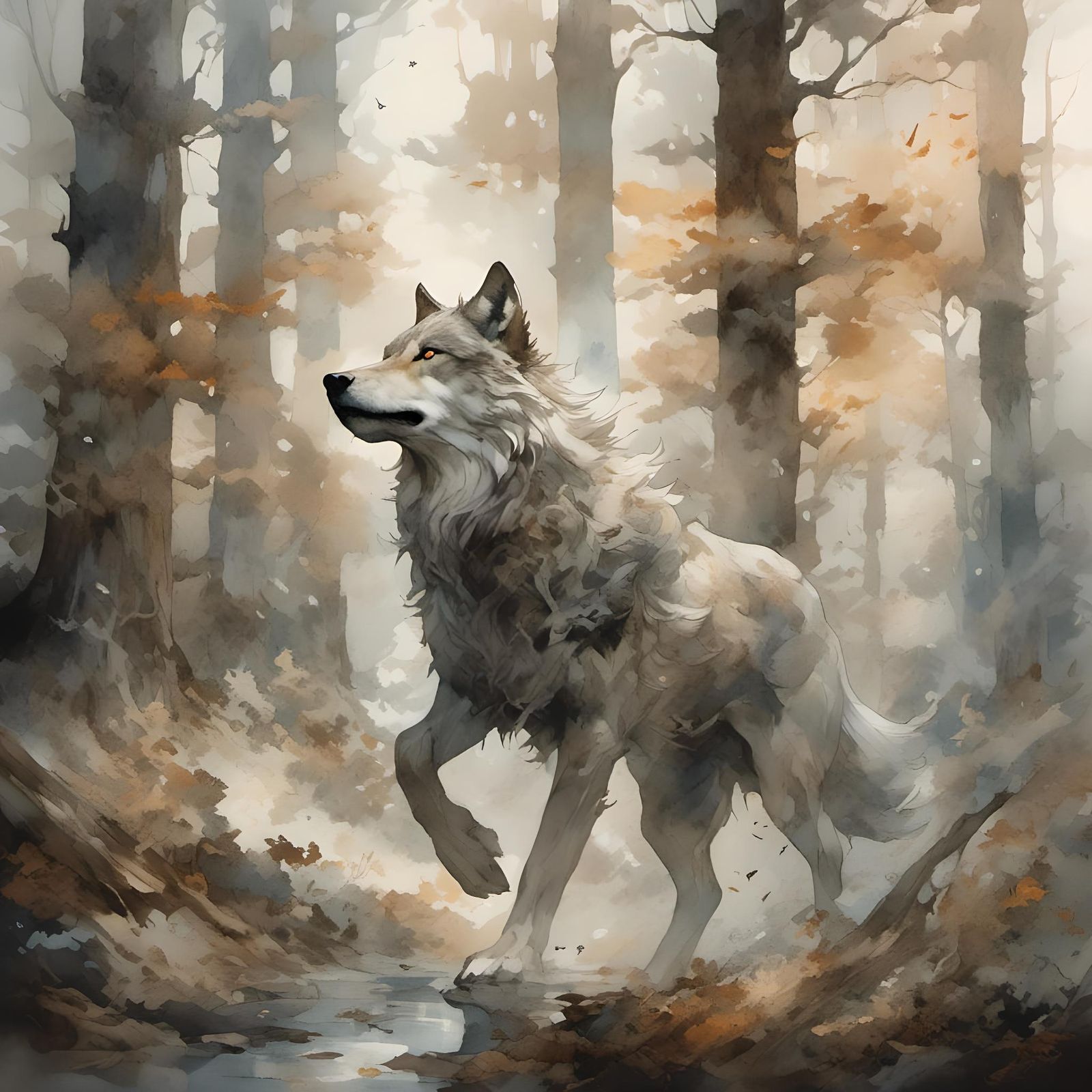 Watercolor Wolf of Ancient Wisdom in Motion