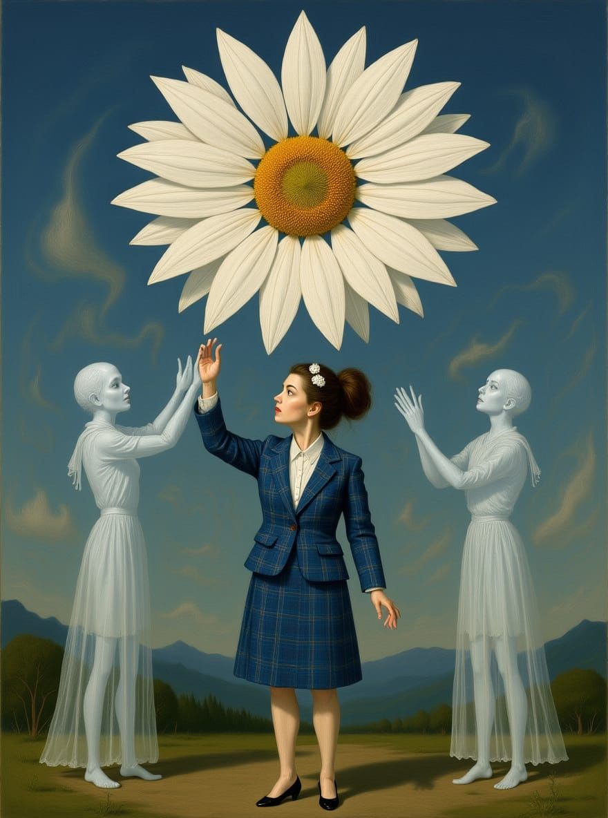 Ghostly Figure Reaches for Giant Flower in Surreal Landscape