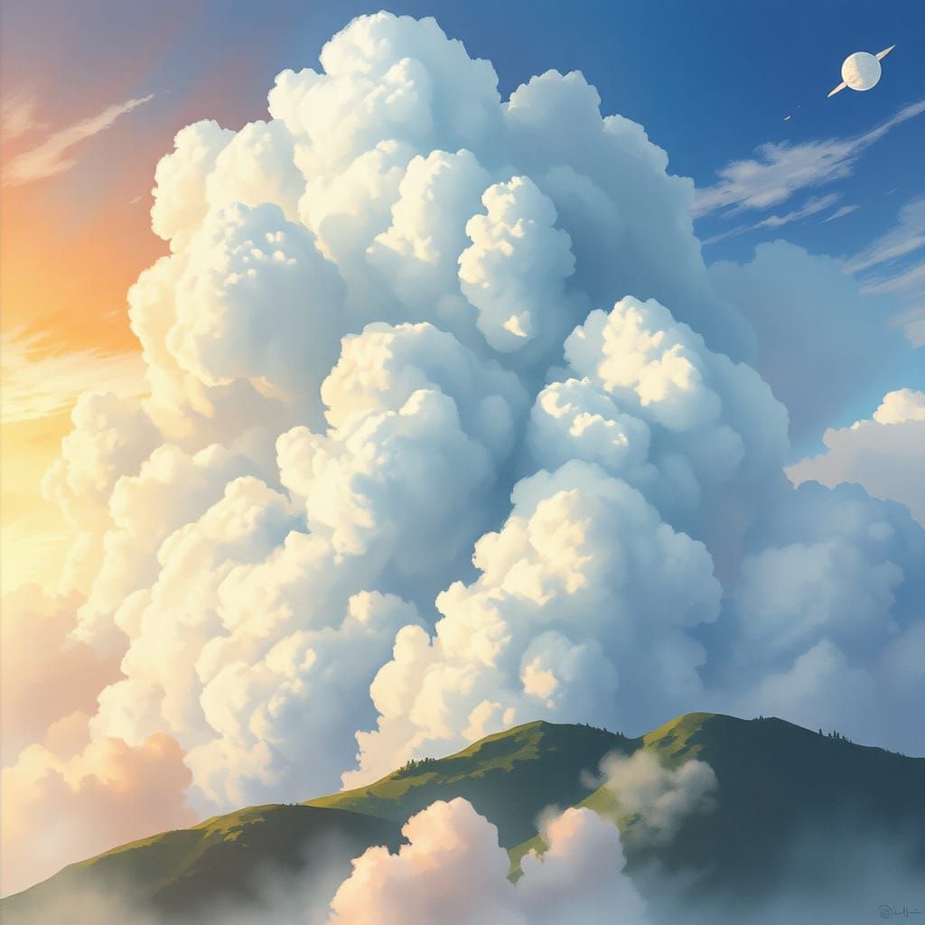 Detailed Watercolor Cloudscape with Various Cloud Types
