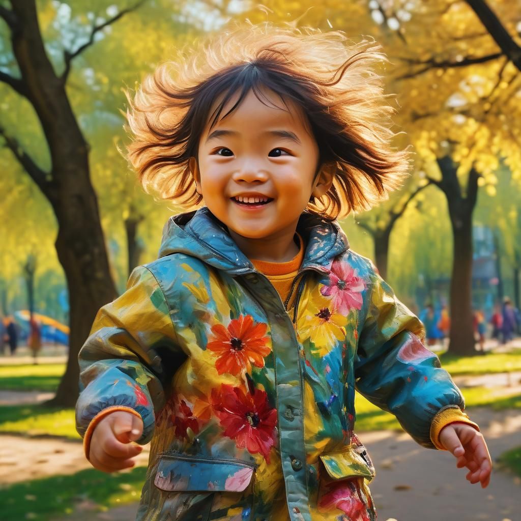 Joyful Eurasian Child in Impressionist Park