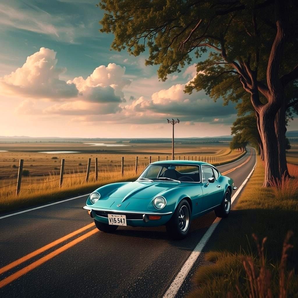 Turquoise Opel GT on Highway: Digital Matte Painting