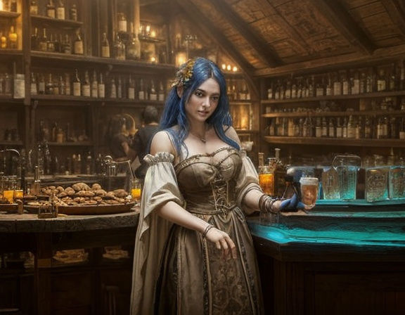 Lively DnD Tavern Scene with Beautiful Elf Barmaid