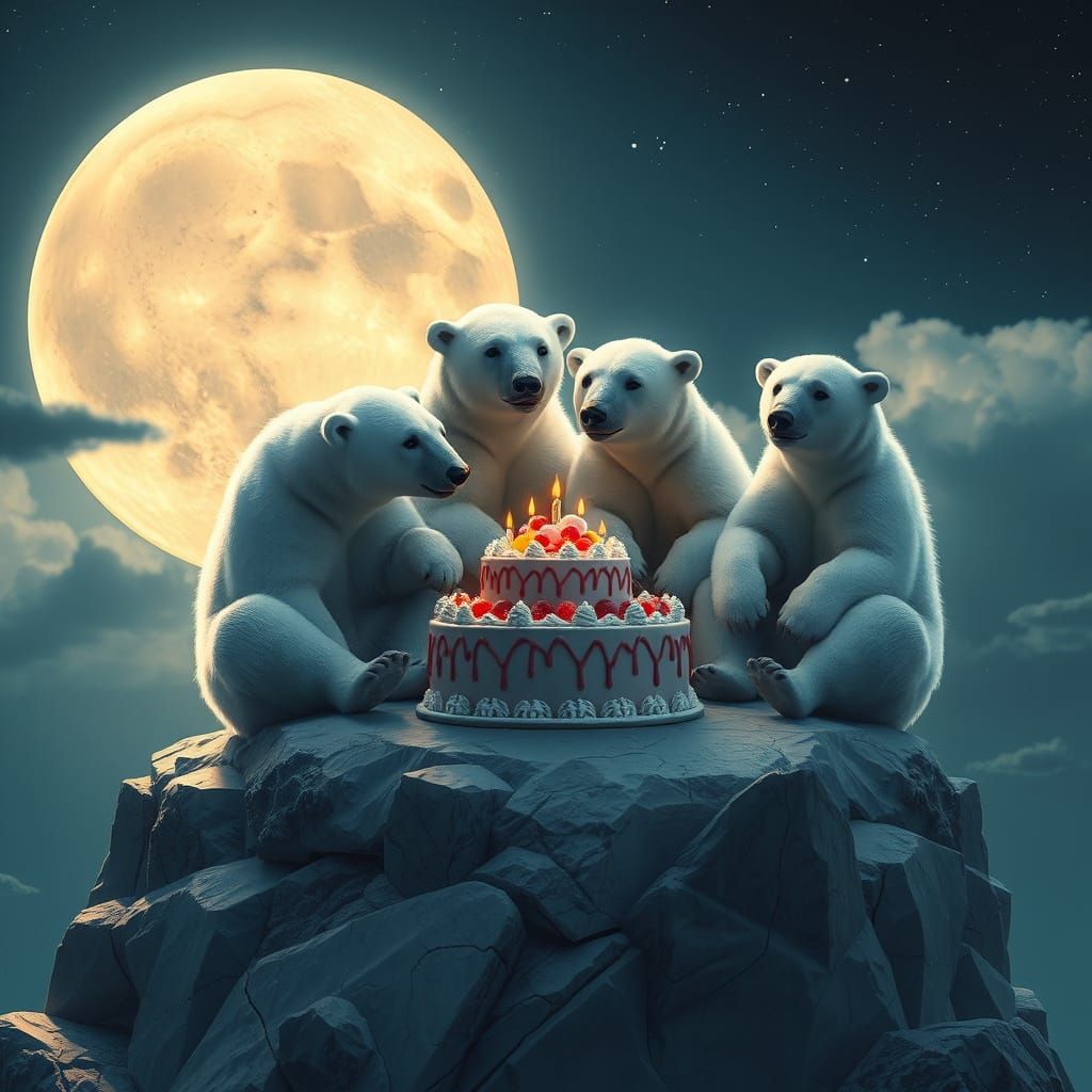 Polar Bears Enjoy Moonlit Cake in Vibrant Fantasy Scene