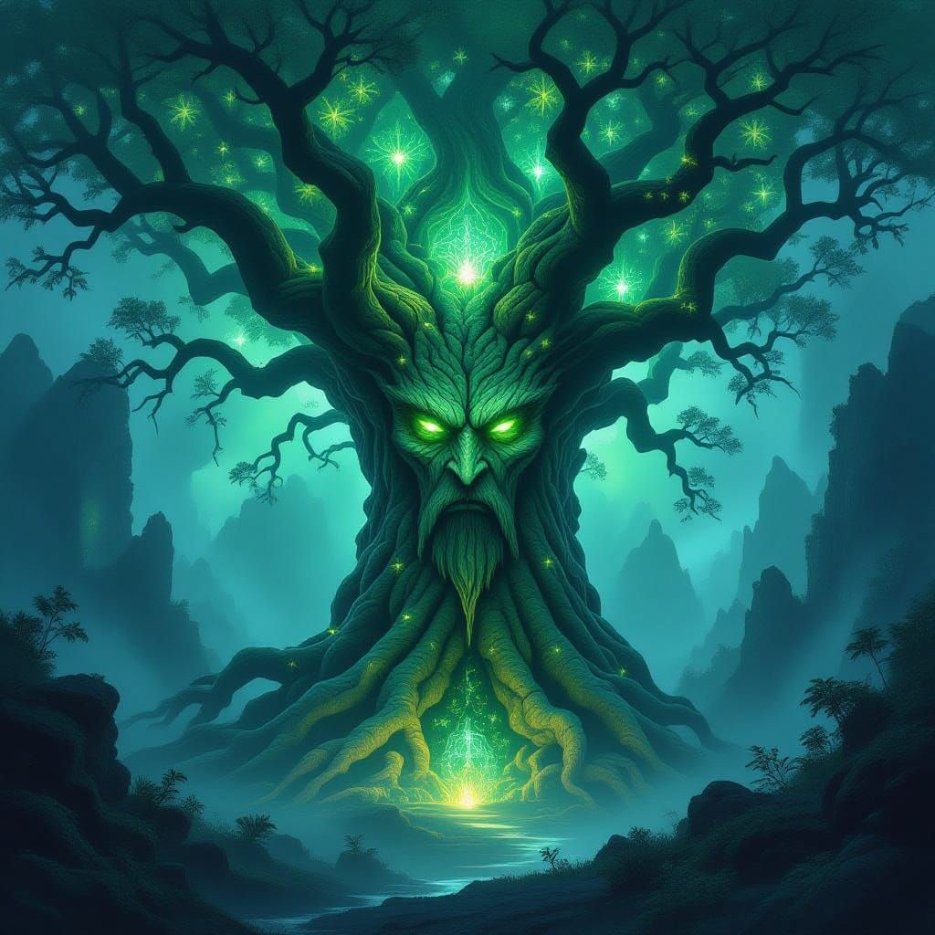 Ancient God Tree in Ethereal Mist-Shrouded Valley