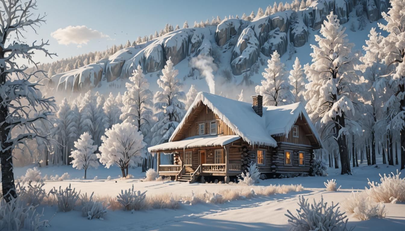 Winter Cabin in Golden Hour: Hyperrealism Digital Art
