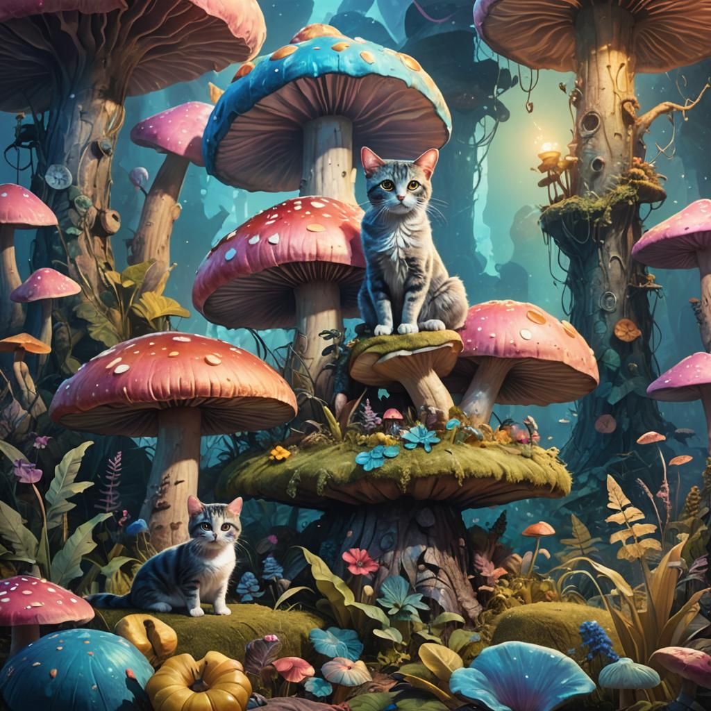 Whimsical Cat and Dog Fantasy with Mushroom