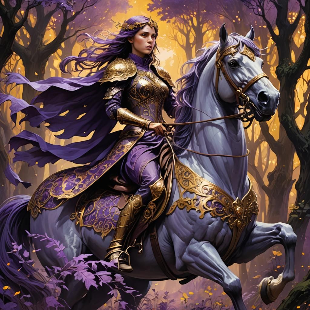 Battle Maiden on Horseback in Dark Fantasy Forest
