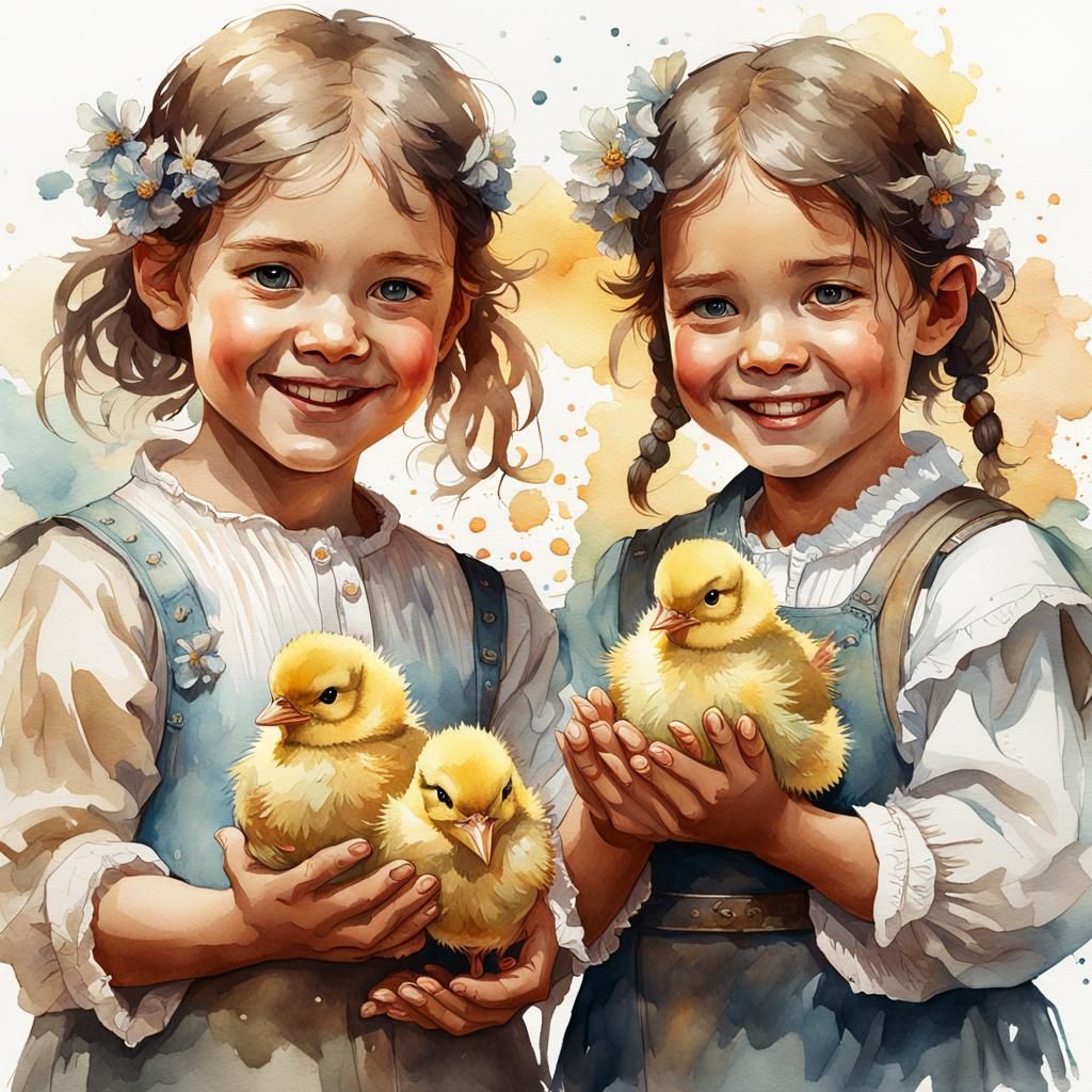 Children with Chicks in Detailed Watercolor Style