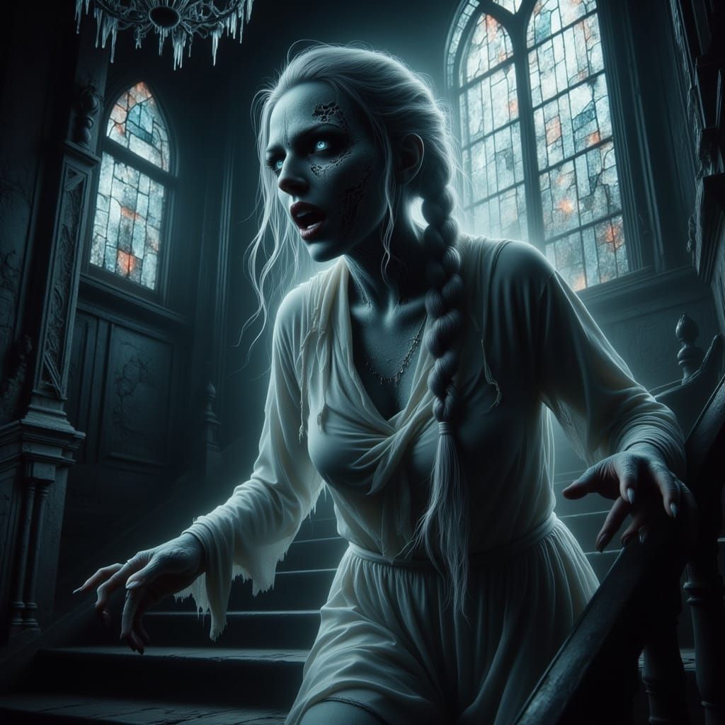 Ghostly Woman Ascends Decaying Mansion in Gothic Horror Styl...