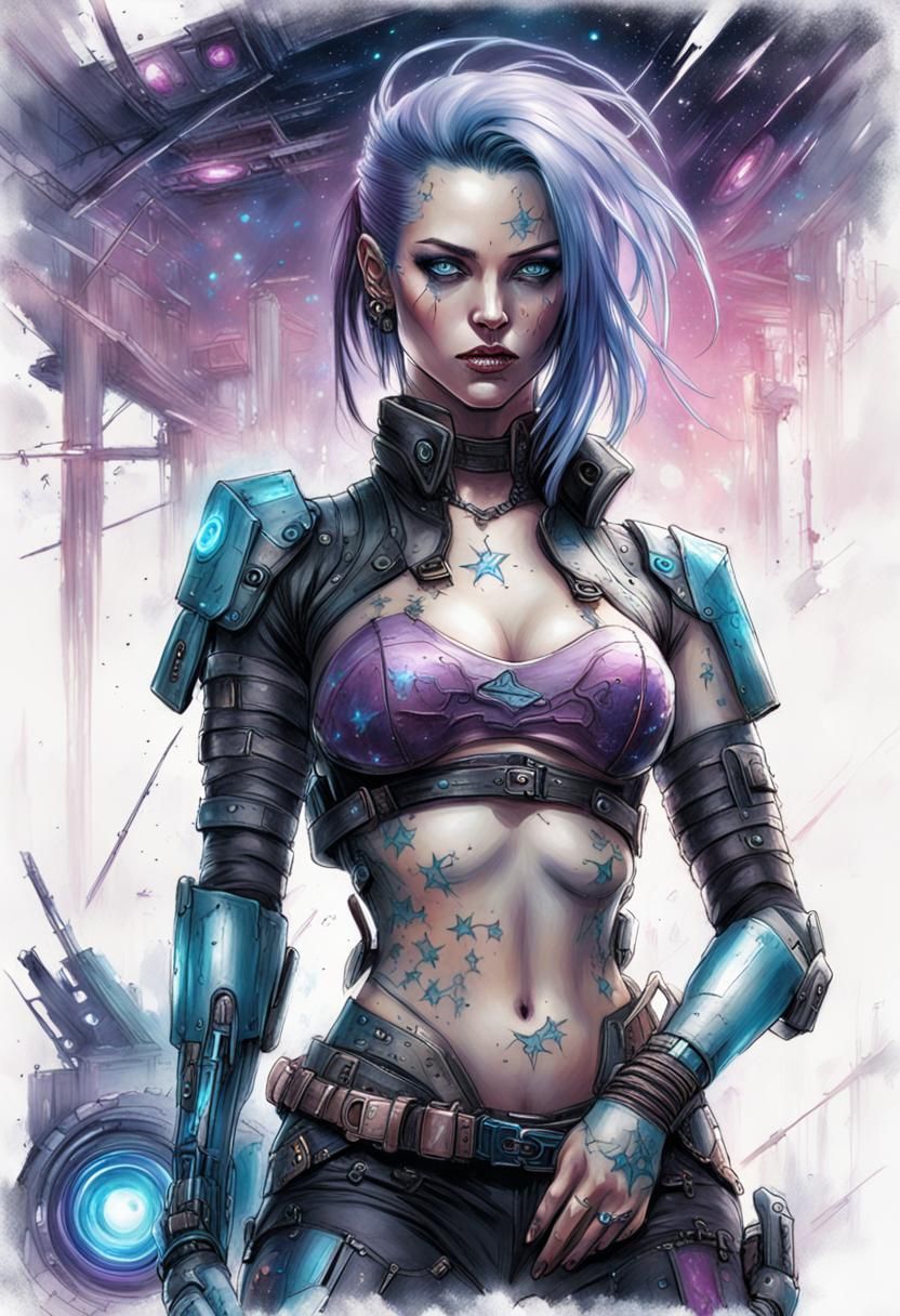 Cyberpunk Girl with Pastel Hair as Oil Sketch