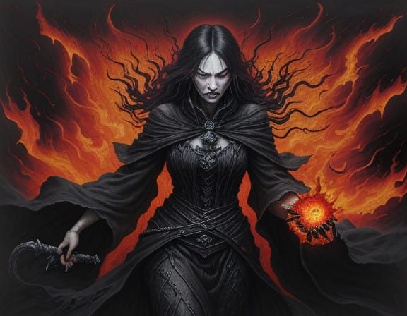 Dark Sorceress Unleashes Fiery Power in Infernal Abyss