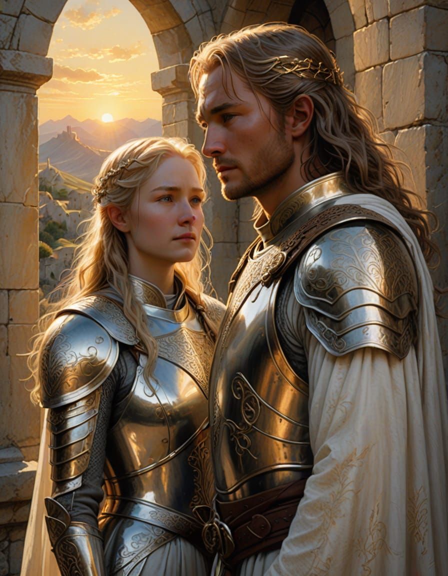 Elegant Gondorian Princess and Steward of Gondor Stand Toget...