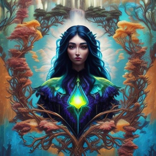 Ethereal Goddess in Neon-Glowing Landscape