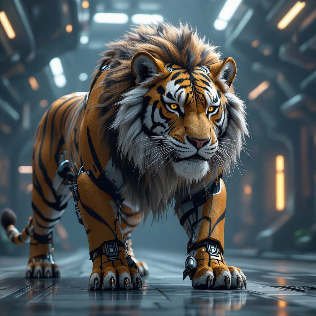 Mechanical Liger in Cinematic Sci-Fi Style