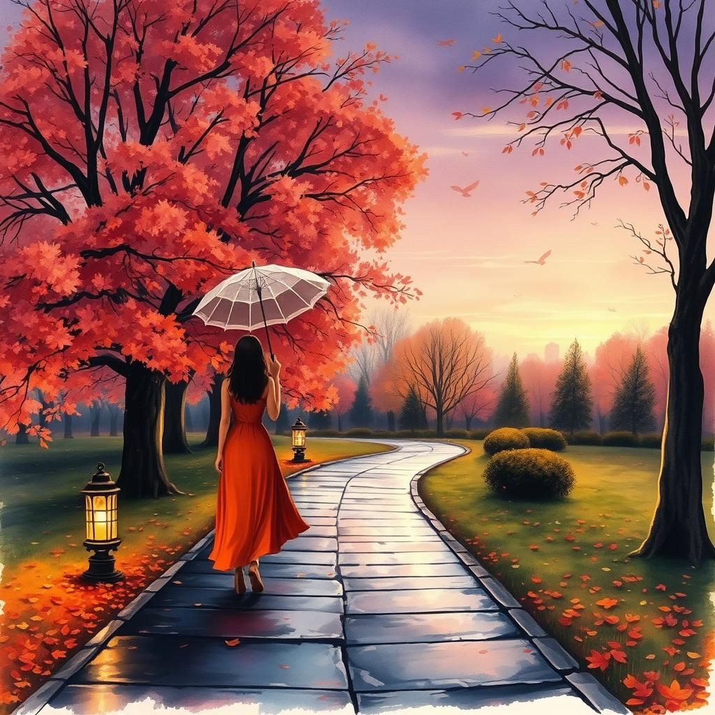 Autumn Park Scene in Alcohol Ink Style