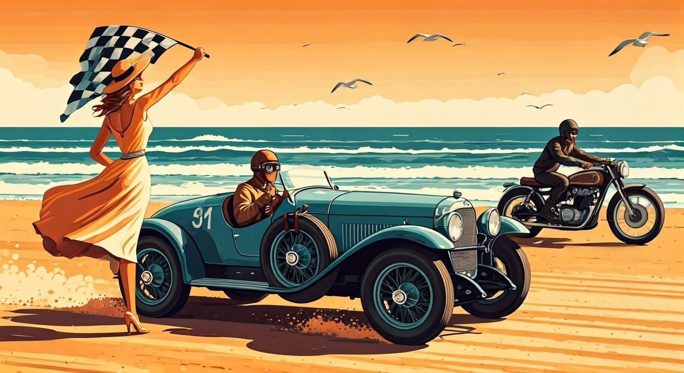 Vintage Beach Racing Scene with Speed and Nostalgia