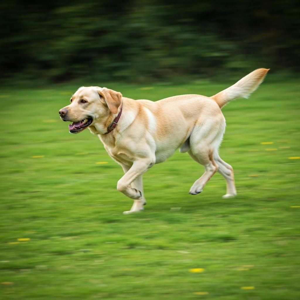 Beige Labrador Running Joyfully in Vibrant Meadow