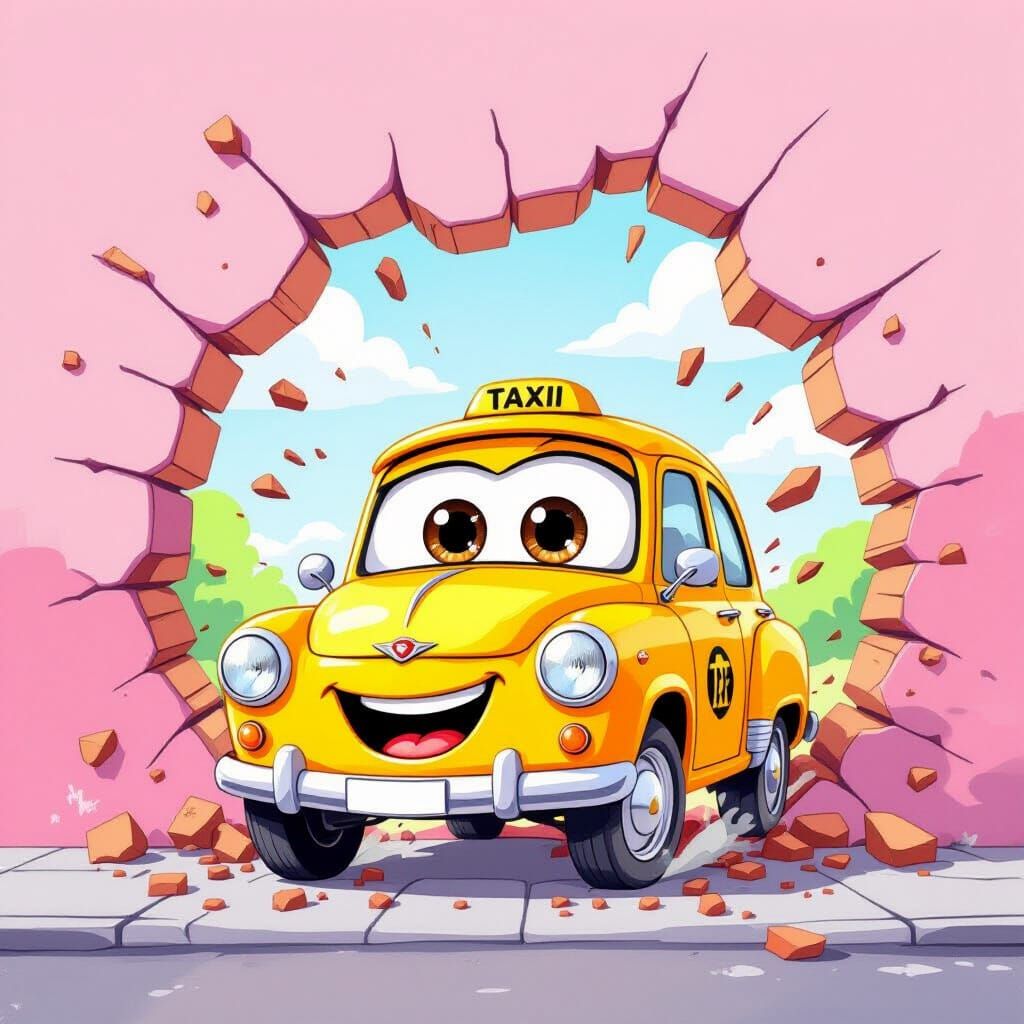 Cute Yellow Taxi Bursts Through Pink Wall in Watercolor Styl...
