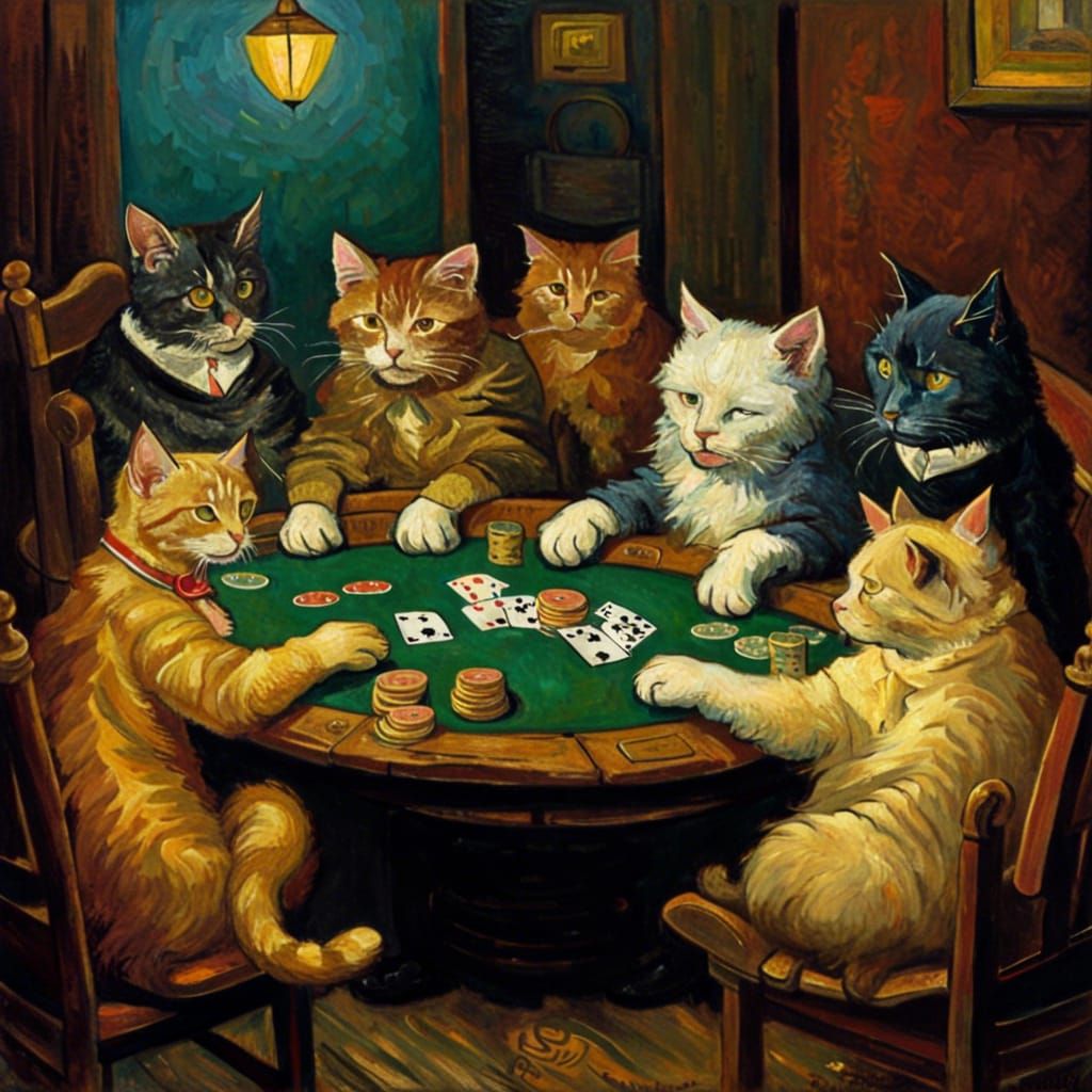 Cats and Dog Playing Poker in Van Gogh Style