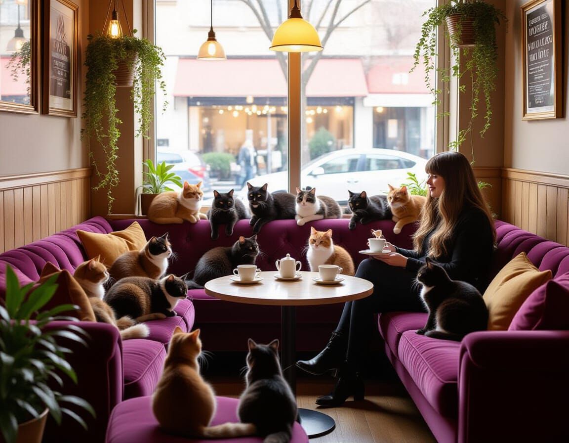 AI Image: Feline Agents in a Cyberpunk Cat Cafe