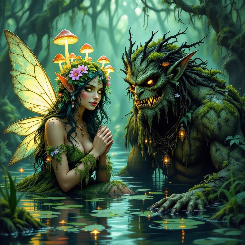 Swamp Fairy and Corrupted Monster in Art Nouveau Style