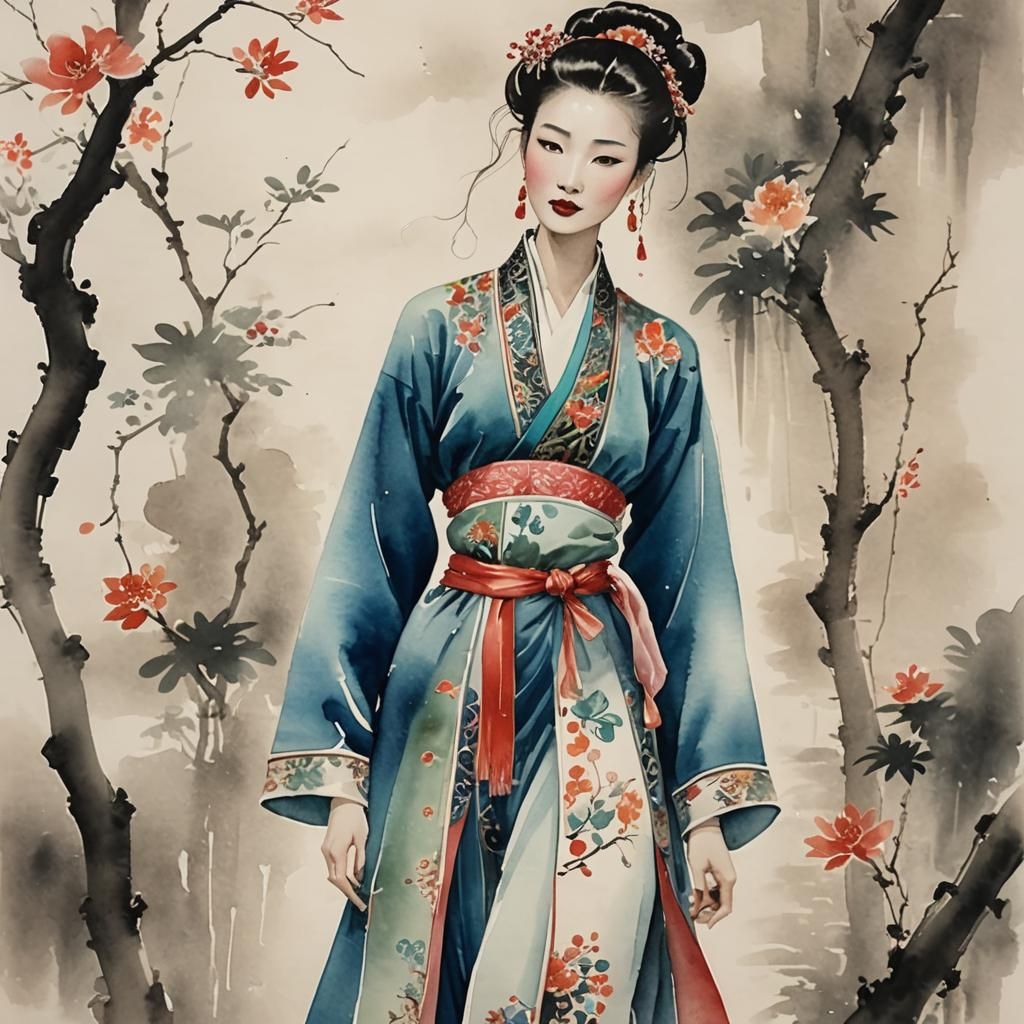 Whimsical Long Neck Lady in Chinese Watercolor