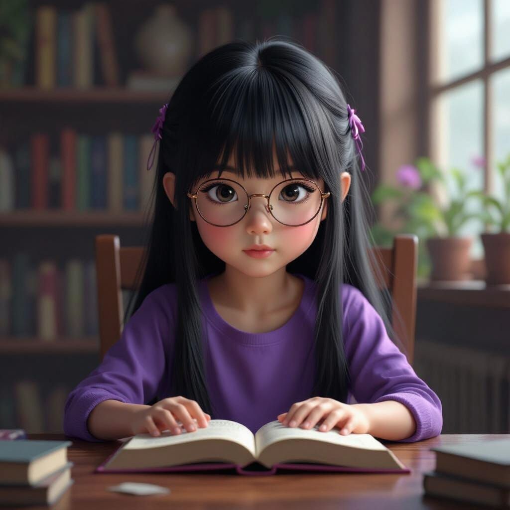 Asian Girl Reads Book In Detailed Fantasy Art