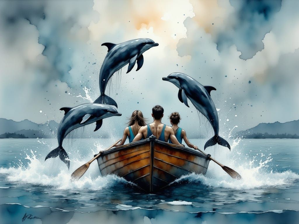 Dolphins Leap Over Rowboat in Neurographic Style