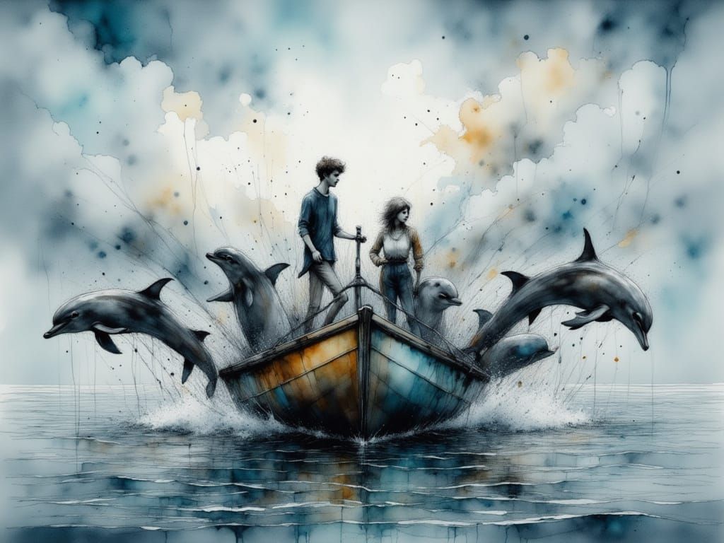 Dolphins Leap Over Rowboat: Neurographic Art