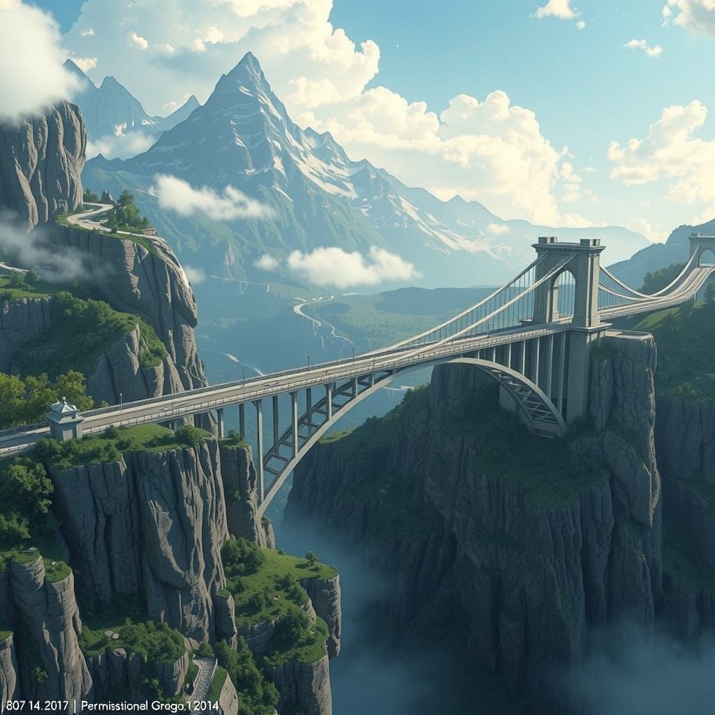 Ethereal Bridge Across Majestic Mountain Gorge in 3D Anime S...