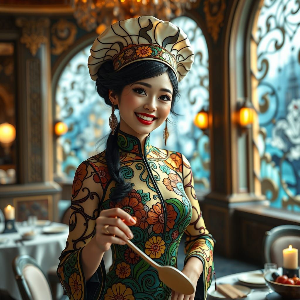 Surreal Stained Glass Fashion Portrait in Opulent Dining Roo...